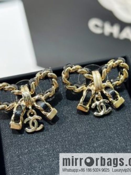 New ☑️ CHANEL Chanel double c black leather rope bow stud earrings