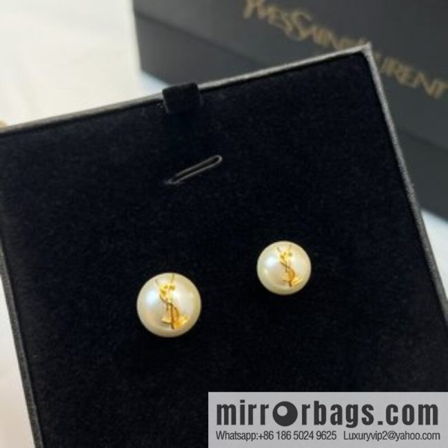 Saint Laurent YSL asymmetric pearl stud earrings