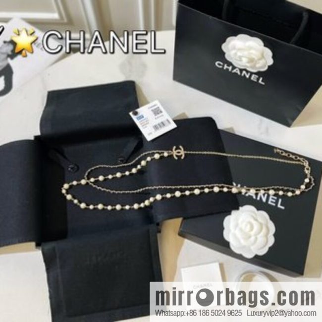 2021 new CHANEL Chanel double c pearl double layer black leather rope necklace