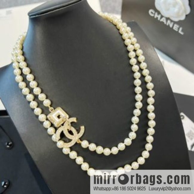 New ☑️ CHANEL Chanel double c full diamond pearl sweater chain necklace