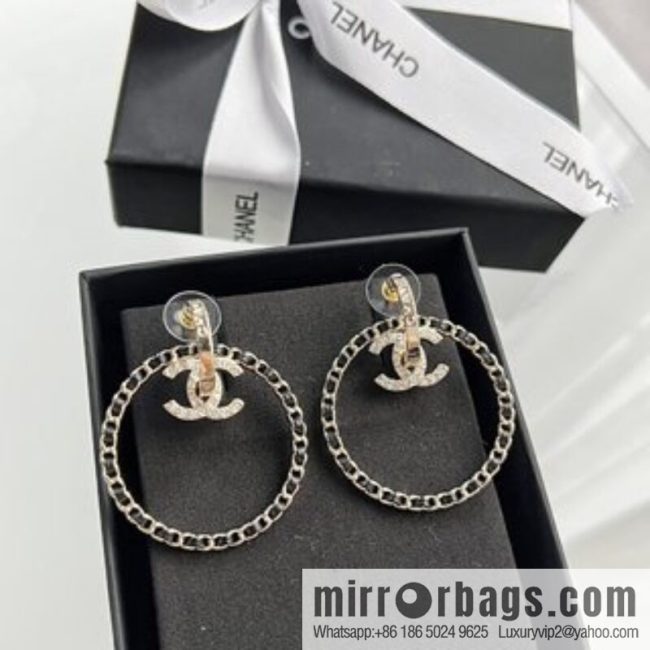 New ☑️ CHANEL Chanel double c black leather rope round stud earrings