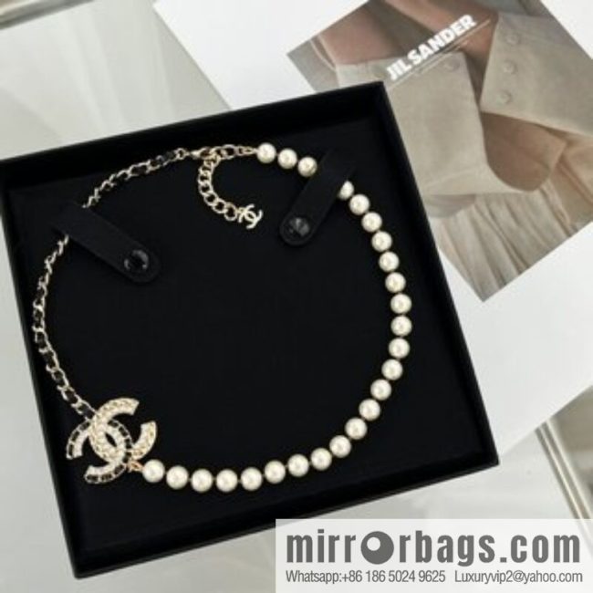 New ☑️ CHANEL Chanel Double C Black Leather Rope Pearl Necklace
