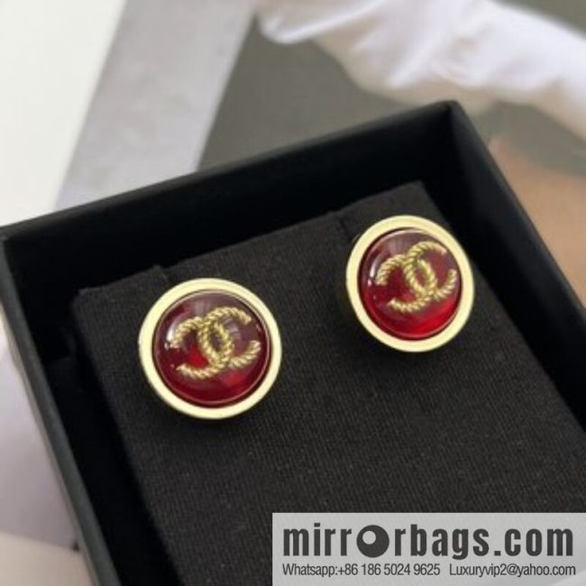 New ☑️ CHANEL Chanel double c round red stud earrings