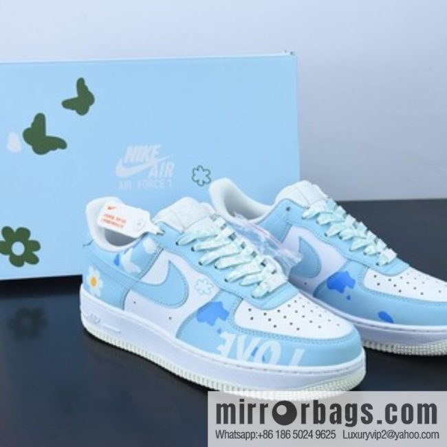 Air Force 1 07 LV8 🥰 Light Blue/Love \"Air Force One Sky Blue White Butterfly Flowers printed\" Low Top Sneakers SKU CW2288-661