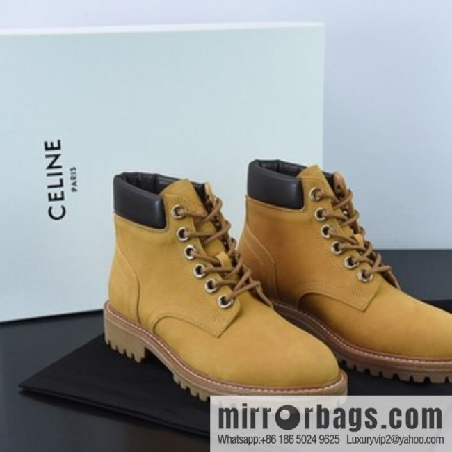 Celine Lace Up Boots \"Wheat\" Muse Versatile British Medium Cylinder Locomotive Military Martin Boots \"Frosted Wheat Black\" P210014862