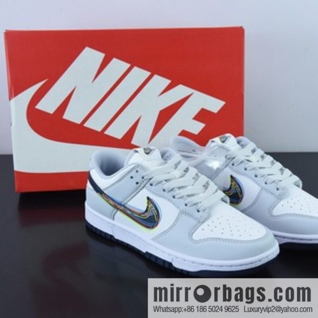 NK Dunk Low grey and white \"3D Swoosh\" short shoe type item number DV6482-100