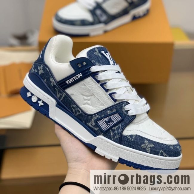 LV/Louis Vuitton His & Hers running shoes with black denim patchwork and white leather