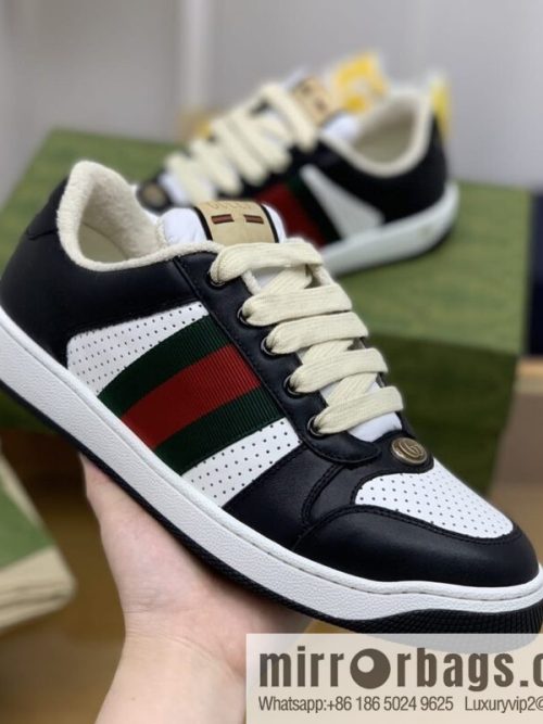 Gucci Gucci black and white color matching calfskin Vintage style red and green webbing G home Unisex small dirty shoes