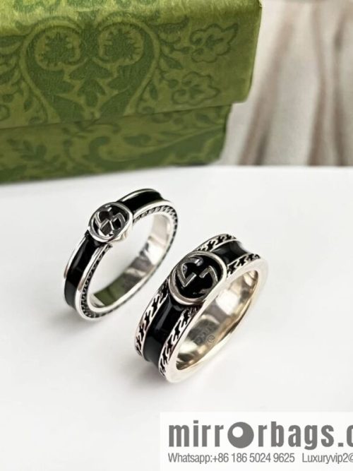 New Gucci Gucci His & Hers wide version narrow version double G black enamel ring
