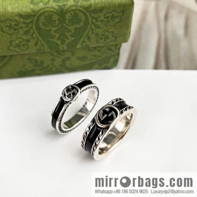 New Gucci Gucci His & Hers wide version narrow version double G black enamel ring