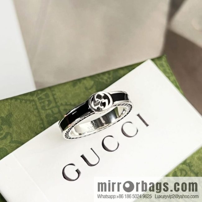 New Gucci Gucci His & Hers wide version narrow version double G black enamel ring - Image 2
