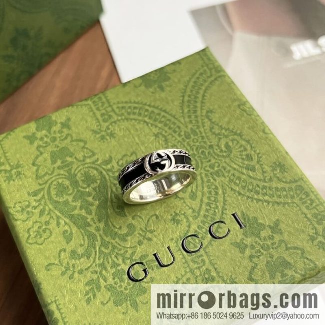New Gucci Gucci His & Hers wide version narrow version double G black enamel ring - Image 3