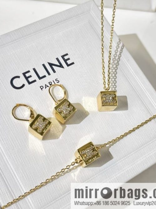 Celine gold crystal cube necklace bracelet stud earrings