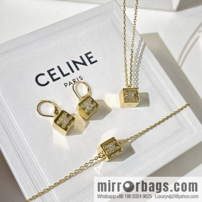 Celine gold crystal cube necklace bracelet stud earrings
