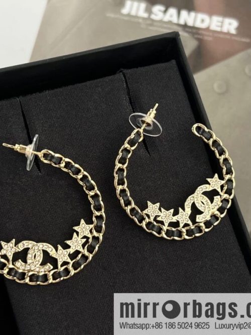 New ☑️ CHANEL Chanel semi-round double c black leather rope star stud earrings