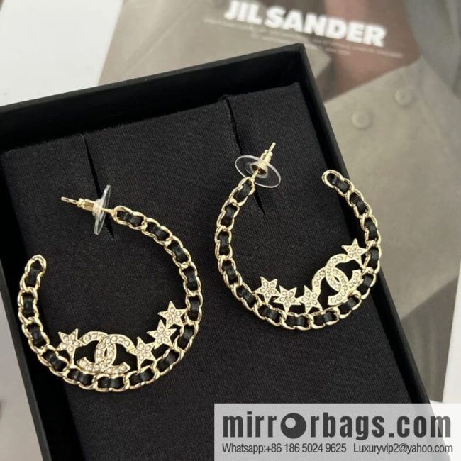 New ☑️ CHANEL Chanel semi-round double c black leather rope star stud earrings