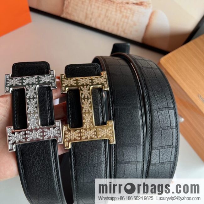 Hermes Hermès Stainless Steel H with Diamond Buckle Men\'s 3.8cm waist belt