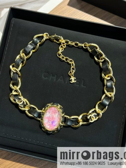 New ☑️ CHANEL Chanel pink gemstone black leather rope necklace necklace