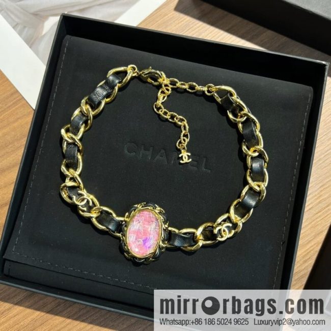 New ☑️ CHANEL Chanel pink gemstone black leather rope necklace necklace
