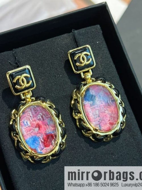 New ☑️ CHANEL Chanel pink gemstone black leather rope stud earrings
