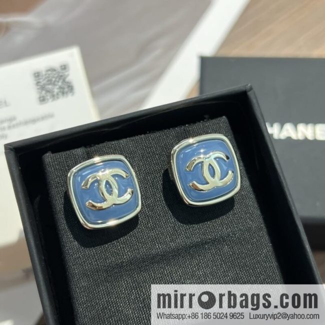New ☑️ CHANEL Chanel c1 double c blue square stud earrings