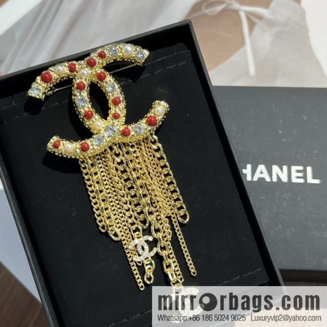 New ☑️ CHANEL Chanel double c red pearl fringed brooch