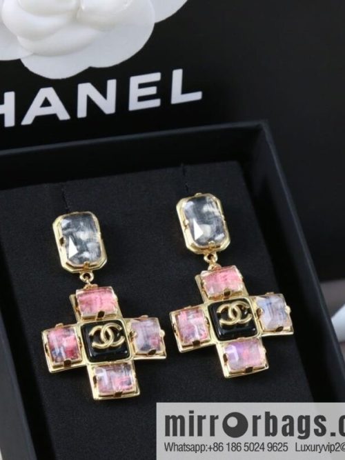 New ☑️ CHANEL Chanel c2 double c pink diamond cross earrings