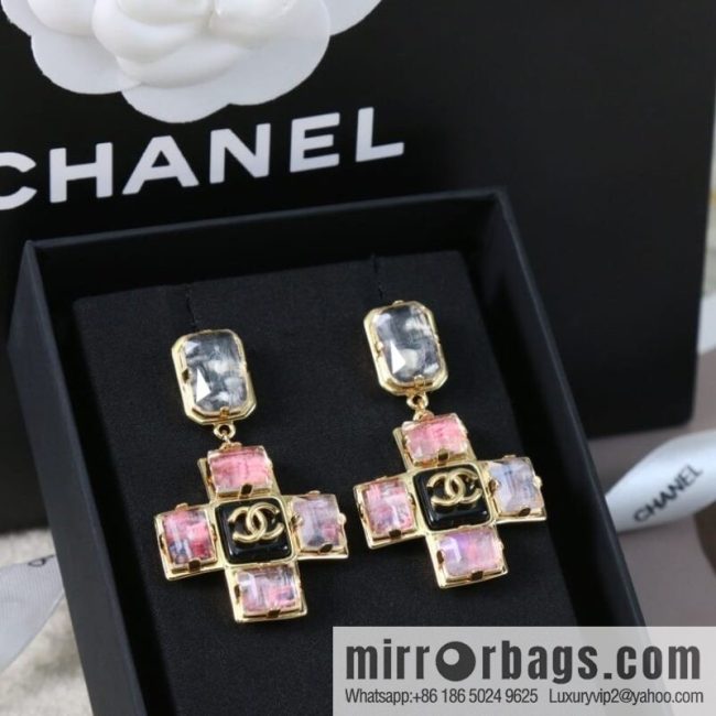 New ☑️ CHANEL Chanel c2 double c pink diamond cross earrings
