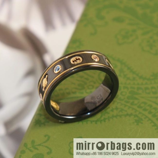 New Gucci gucci double G black and white ceramic Saturn diamond ring - Image 2