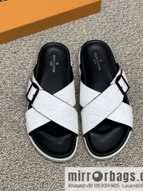 LV/Louis Vuitton white printed men\'s sandals with black outsoles