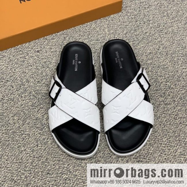 LV/Louis Vuitton white printed men\'s sandals with black outsoles