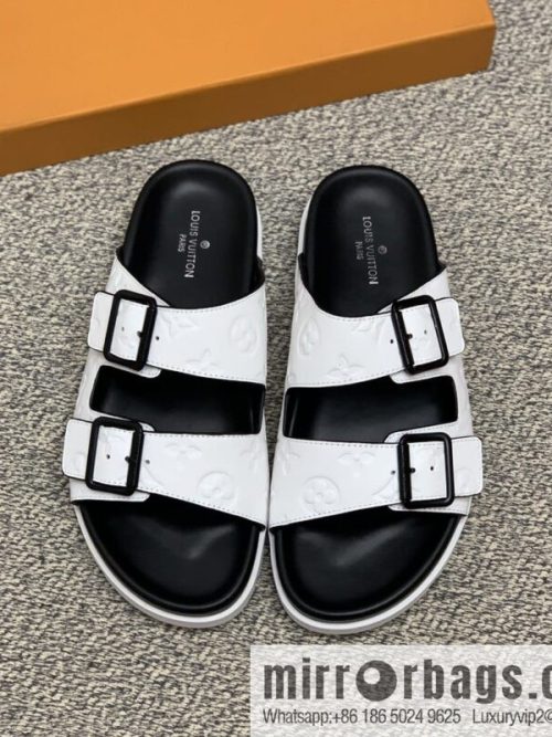 LV/Louis Vuitton white printed men\'s sandals with black outsoles