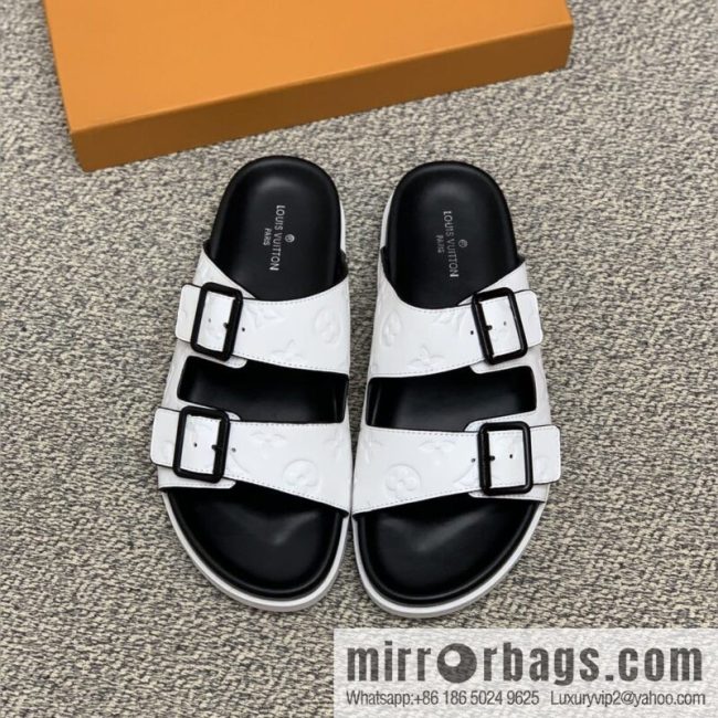 LV/Louis Vuitton white printed men\'s sandals with black outsoles