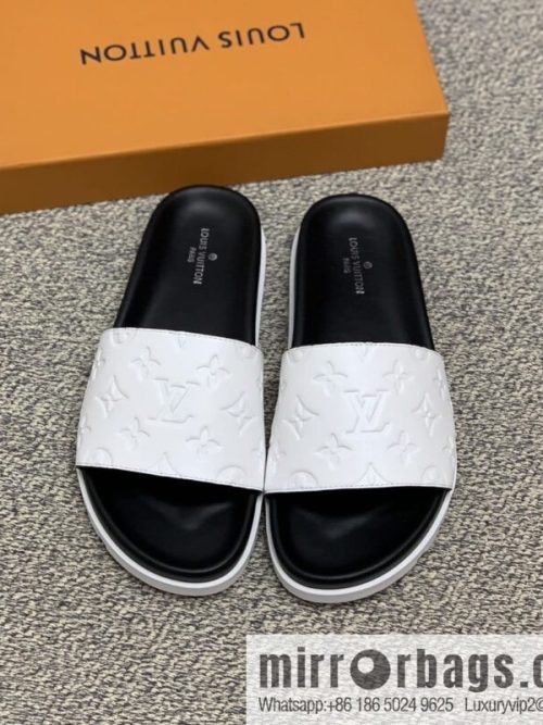 LV/Louis Vuitton white printed men\'s sandals with black outsoles