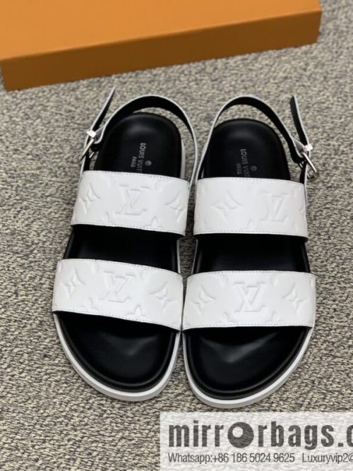 LV/Louis Vuitton white printed men\'s sandals with black outsoles
