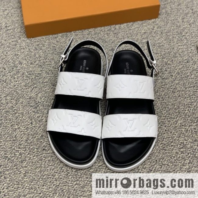 LV/Louis Vuitton white printed men\'s sandals with black outsoles