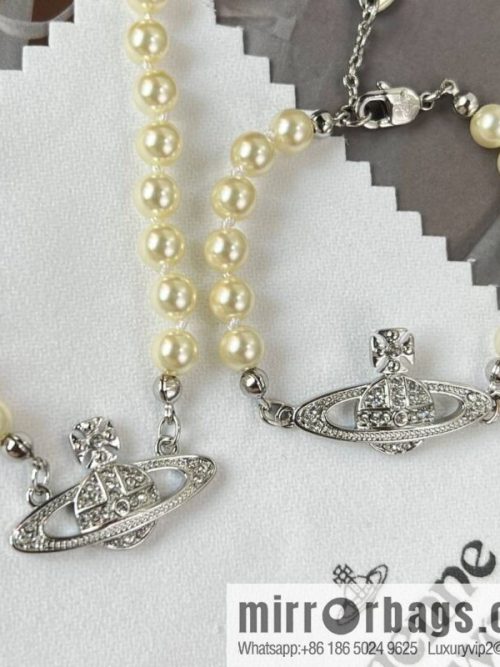 New ☑️ Vivienne Westwood Empress Dowager Full Diamond Saturn Pearl Necklace Bracelet