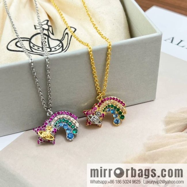 New ☑️ Vivienne Westwood Queen Mother Saturn full of diamonds rainbow necklace