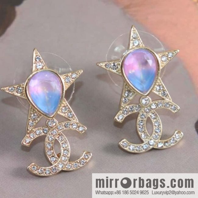 New ☑️ CHANEL Chanel c2 double c full diamond pentagram ⭐ star stud earrings - Image 2