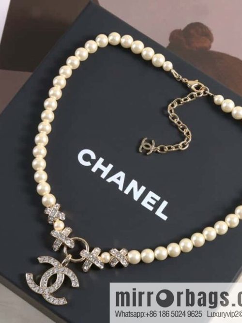 New ☑️ CHANEL Chanel Double C Full Diamond Cross Pearl Necklace