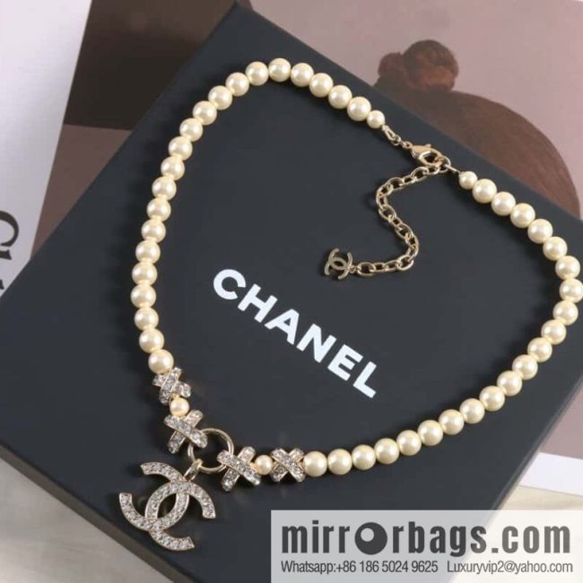 New ☑️ CHANEL Chanel Double C Full Diamond Cross Pearl Necklace