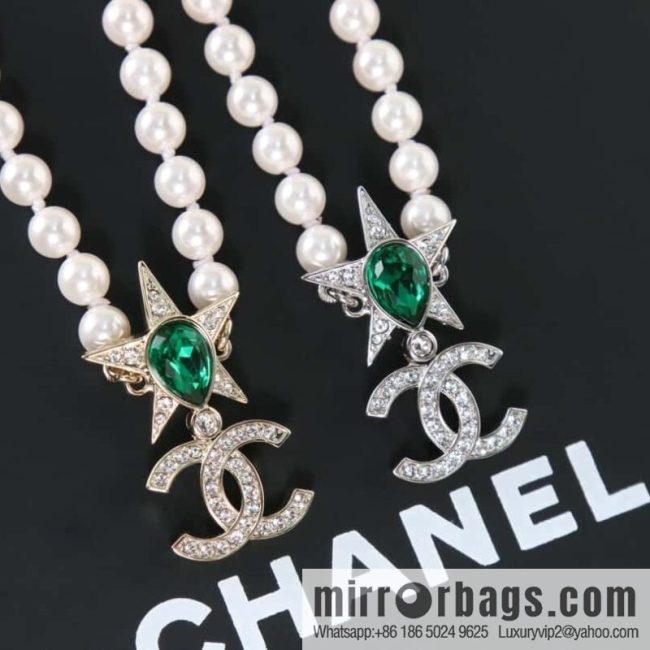 New ☑️ CHANEL Chanel Double C Pentagram ⭐ Star Emerald Pearl Necklace