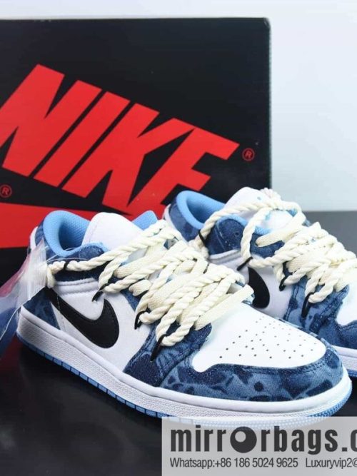 NK Air Jordan 1 Low \"Washed Denim\" Joe 1 Jordan 1st Generation Low Top Denim, Washed Denim, Cashew Flower Hemp Rope Item Number: DM8947-100