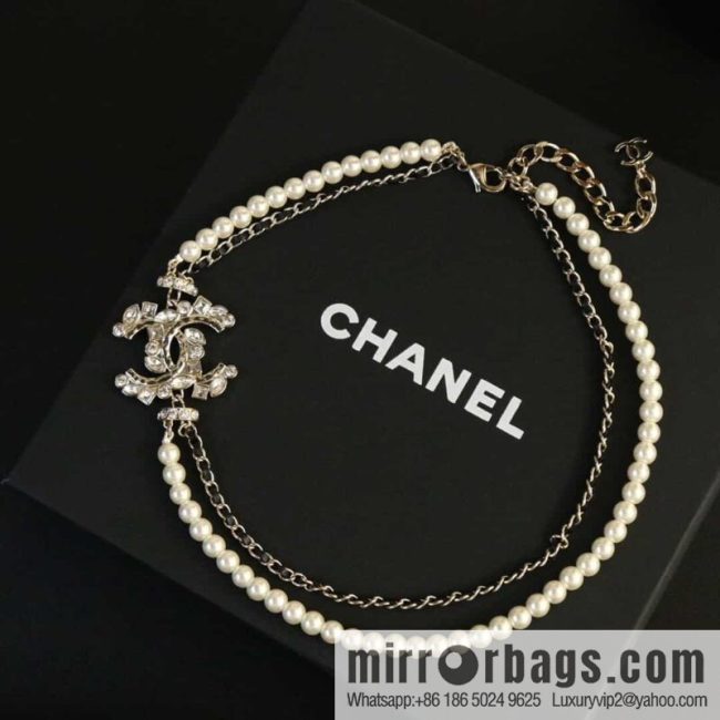 New ☑️ CHANEL Chanel double c full diamond double layer pearl black leather rope necklace