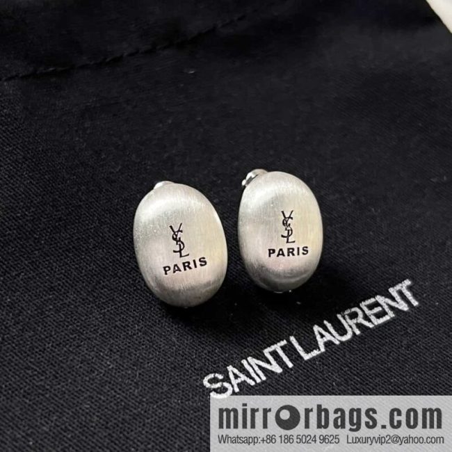 Saint Laurent silver YSL brushed oval stud earrings - Image 2