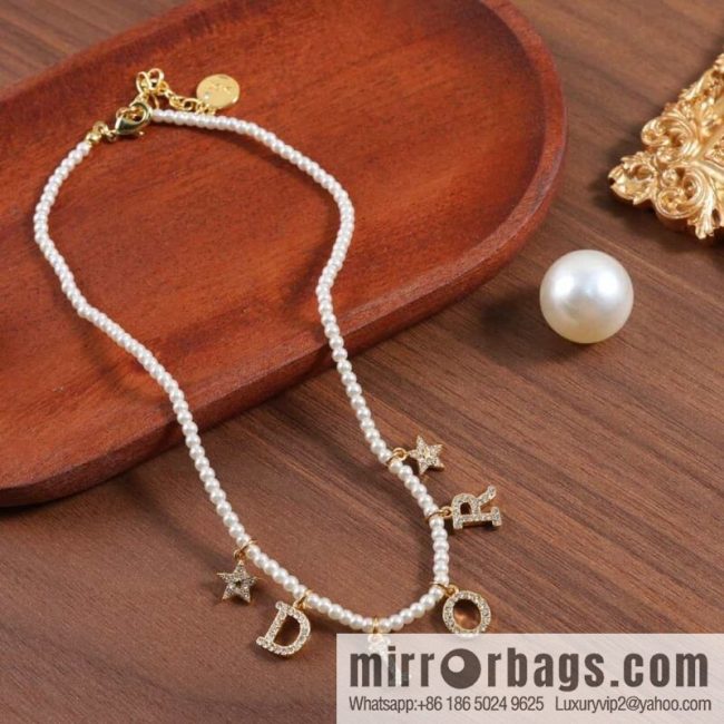New ☑️ DIOR Dior full diamond letter fringed pearl necklace