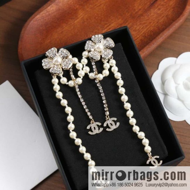 New ☑️ chanel c2 double c flower pearl fringed stud earrings