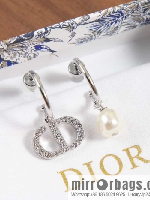 New ☑️ DIOR Asymmetrical Full Diamond CD Pearl Stud Earrings