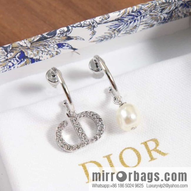 New ☑️ DIOR Asymmetrical Full Diamond CD Pearl Stud Earrings