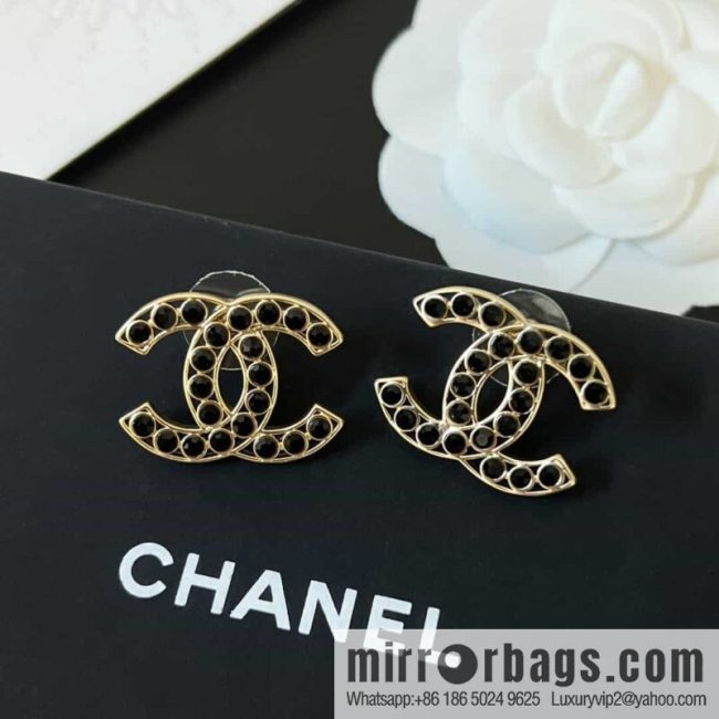 New ☑️ chanel c1 double c black diamond earrings stud earrings